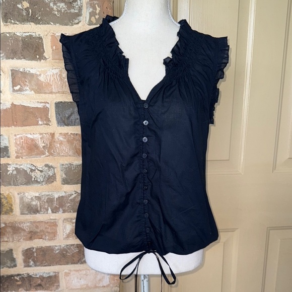 LOFT Midnight Navy Smocked Ruffled Neckline Flutter Cap Sleeve Cotton Blouse - Picture 1 of 9